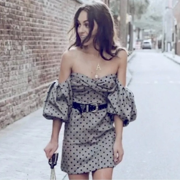 Eggie Delilah Gray Polka Dot Off Shoulder Puff Sleeve Mini Dress Wool Blend S - Picture 1 of 10